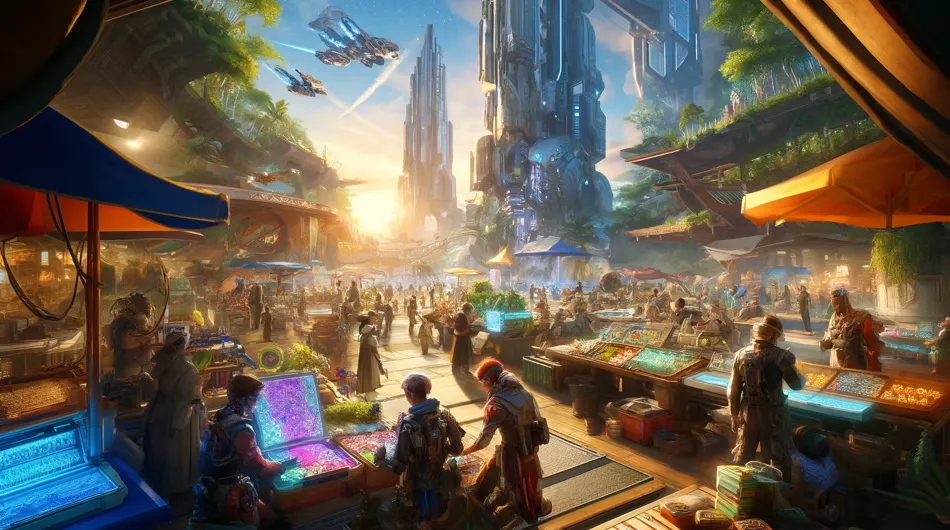 Scène dynamique de la meilleure marketplace futuriste dans l'univers de Cross the Ages.
